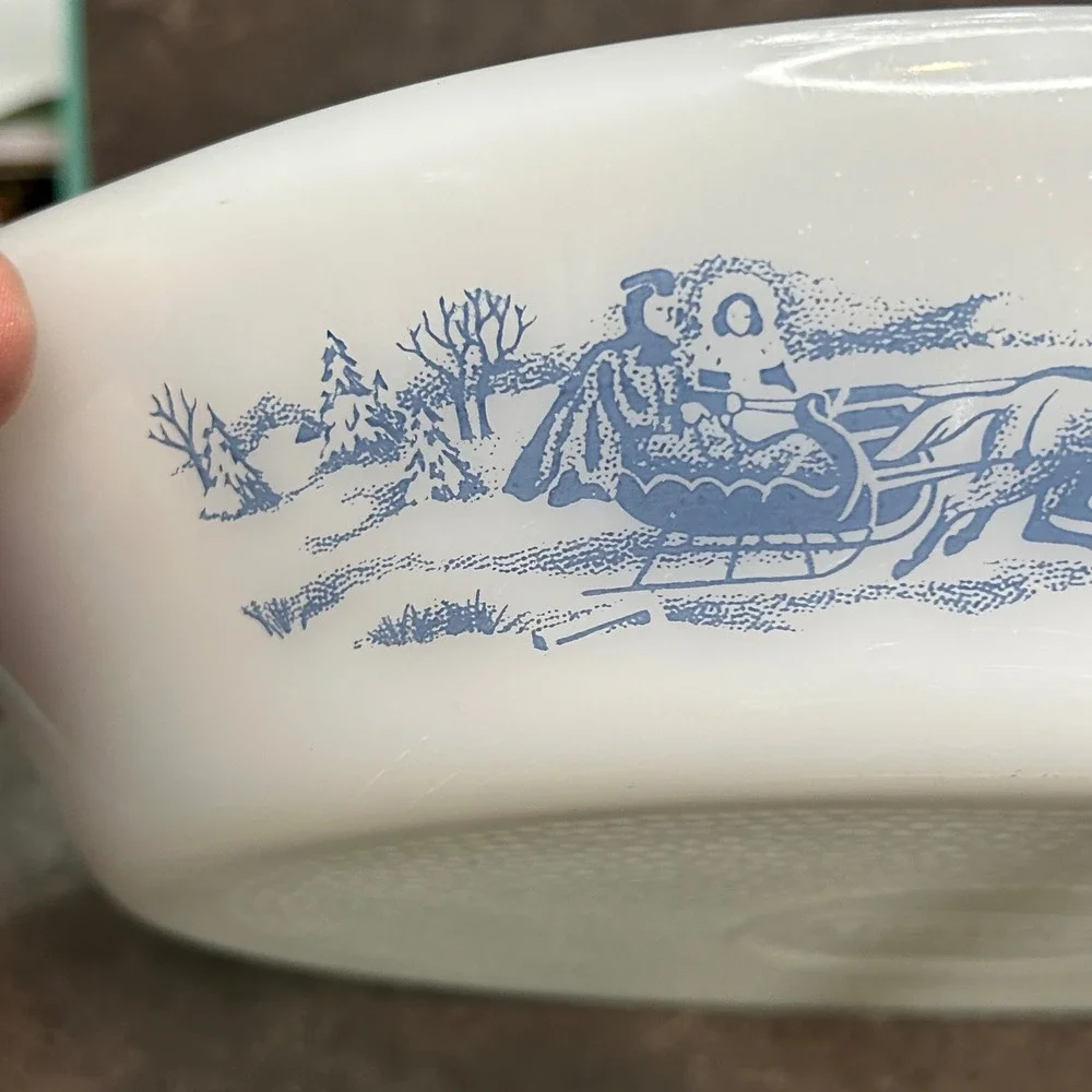 Glasbake Currier & Ives Blue Sleigh Milk Glass Divided Serving Dish Oval Cozy